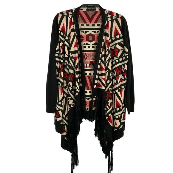 JEALOUS TOMATO Tribal Cardigan Sweater Fringe Southwestern Aztec Black sz L Art - Picture 1 of 11